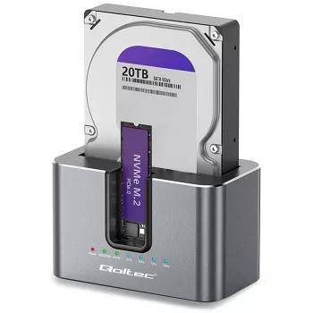 Qoltec 2-in-1 HDD SSD Docking Station SATA M.2 NVMe with Clone Function, USB-C 3.2 Gen 2, 10Gbps, up to 28TB, Aluminium