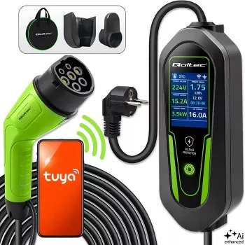 Qoltec Portable EV Charger Type 2 to Schuko 3.5kW 16 A 5 m Cable with Wi-Fi and LCD