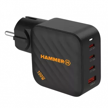 HAMMER RapidCharge 100W GaN Power Supply, 2x USB-C PD 100W + 1x USB-A QC 30W, Black