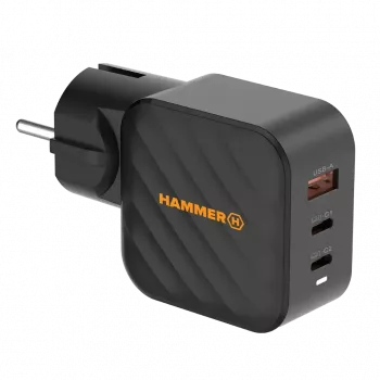HAMMER RapidCharge 65W GaN Power Supply - 2x USB-C PD, 1x USB-A QC, Black