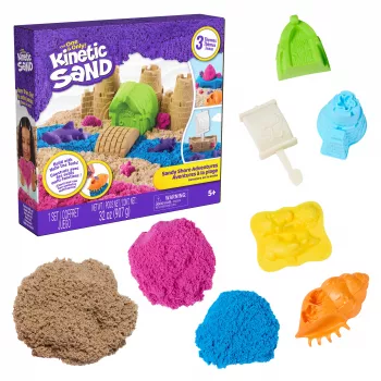 Kinetic Sand Beach Adventure Set – 907g Sand in 3 Colours with Moulds, Tools and Play Tray