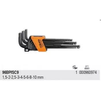 BETA 96BP/SC9 9-Piece Metric Ball-End Hex Key Set, 1.5-10mm, Chrome Vanadium Steel