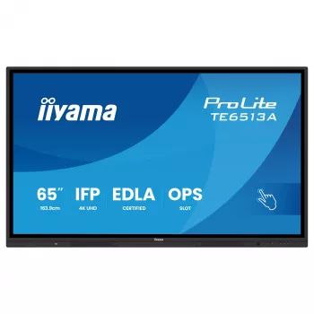 IIYAMA ProLite TE6513A-B3AG 65 inch 4K UHD IPS LED Interactive Touch Display with IR Touch, 20-Point Touch, Android, 400 cd/m², 8 ms, HDMI, DisplayPort, USB-C, VGA, LAN, Wi-Fi, Bluetooth, VESA 600x400, Black