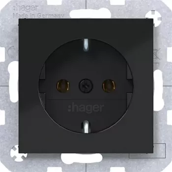 Hager WAS1100BG SCHUKO Socket Type F Push-In Terminals Night Black Glossy