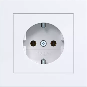 Hager WAS1120WG SCHUKO Socket with Hinged Cover, A.1 Design Line, Light White Glossy, IP44, 16A, 250V, Screwless Terminals