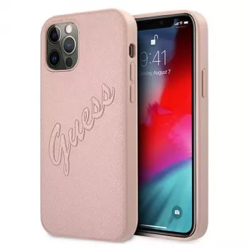 Guess GUHCP12LRSAVSRG Saffiano Vintage Script Hard Case for Apple iPhone 12 Pro Max, Pink
