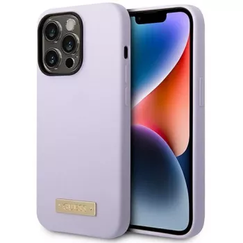 Guess GUHMP14LSBPLU Silicone Hard Case with Logo Plate for Apple iPhone 14 Pro 6.1 inch - Purple, MagSafe-compatible
