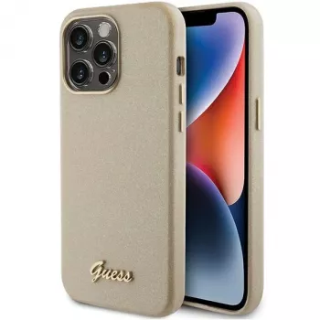 Guess Glitter Glossy Script Hard Case for iPhone 15 Pro 6.1 inch Light Gold