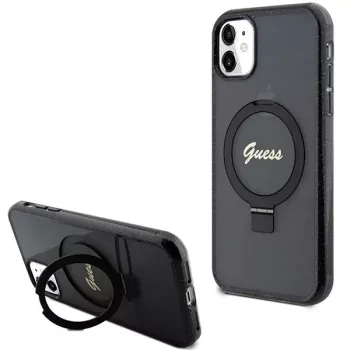 Guess GUHMN61HRSGSK iPhone 11 / XR 6.1 Black Hard Case Ring Stand Script Glitter MagSafe