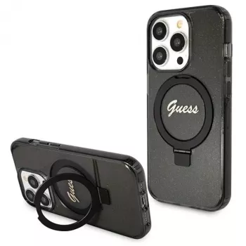 Guess GUHMP14LHRSGSK iPhone 14 Pro 6.1 Hard Case Ring Stand Script Glitter MagSafe Black