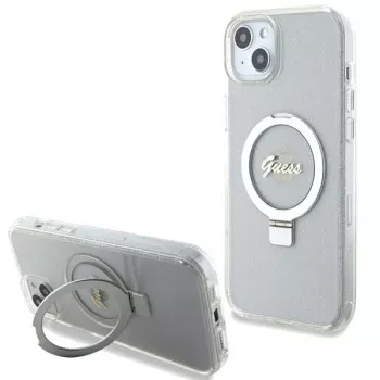 Guess GUHMP15MHRSGSD iPhone 15 Plus / 14 Plus 6.7 inch Transparent Hard Case Ring Stand Script Glitter MagSafe