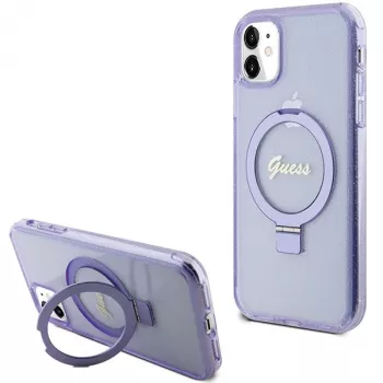 Guess GUHMN61HRSGSU iPhone 11 / XR 6.1 inch Purple Hard Case Ring Stand Script Glitter MagSafe