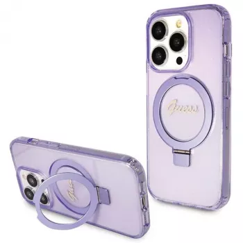 Guess GUHMP14XHRSGSU iPhone 14 Pro Max 6.7 inch Purple Hard Case Ring Stand Script Glitter MagSafe