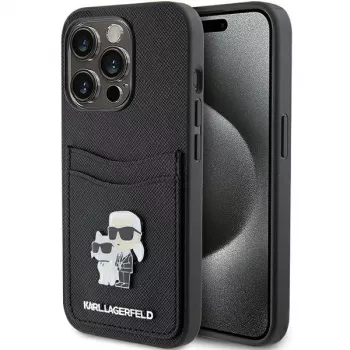 Karl Lagerfeld KLHCP15LSAPKCNPK iPhone 15 Pro 6.1 Black Hard Case Saffiano Card Slot Karl & Choupette Metal Pin