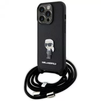 Karl Lagerfeld KLHCP15LSASKNPSK iPhone 15 Pro 6.1 Hard Case Black Crossbody Saffiano Monogram Metal Pin Karl & Choupette