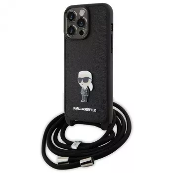 Karl Lagerfeld KLHCP15XSASKNPSK Hard Case for iPhone 15 Pro Max 6.7 inch Black Crossbody Saffiano Monogram Metal Pin Karl & Choupette