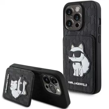 Karl Lagerfeld KLHCP15XSAKCNSCK iPhone 15 Pro Max 6.7 inch Black Hard Case Saffiano Card Slots and Stand Monogram Choupette