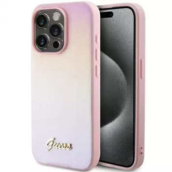 Guess Saffiano Iridescent Script Hard Case for Apple iPhone 14 Pro 6.1 inch - Pink