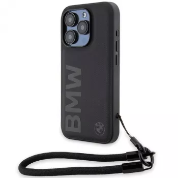 BMW Signature Leather Hard Case for iPhone 15 Pro Max 6.7 inch Black with Cord
