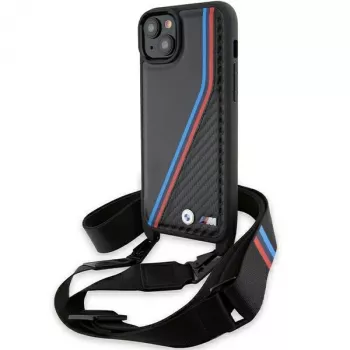 BMW M Edition Carbon Tricolor Lines Hard Case for iPhone 15 Plus / 14 Plus 6.7 inch Black with Strap