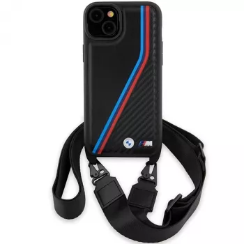 BMW M Edition Carbon Tricolor Lines Hard Case for iPhone 15 Plus / 14 Plus 6.7 inch Black with Strap