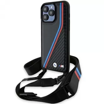BMW M Edition Carbon Tricolor Lines Hard Case for Apple iPhone 15 Pro 6.1 inch Black with Strap