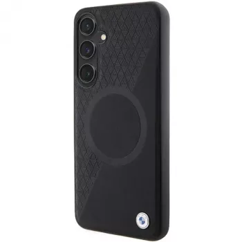BMW Signature Leather Hard Case for Samsung Galaxy S24+ - Half Textured & Circle MagSafe - Black