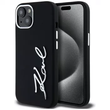 Karl Lagerfeld Silicone Metal Script Logo Case for Apple iPhone 15, Black