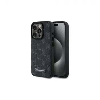 Karl Lagerfeld KLHMP15LPKHPORPK iPhone 15 Pro 6.1 Hard Case Black Leather Monogram Metal Logo MagSafe