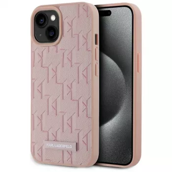 Karl Lagerfeld Leather Monogram Metal Logo MagSafe Case for iPhone 15 Pink