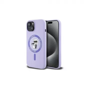 Karl Lagerfeld KLHMP15SSCMKCRHU iPhone 15 6.1 inch Purple Silicone Hard Case with Karl & Choupette Heads Ring and MagSafe