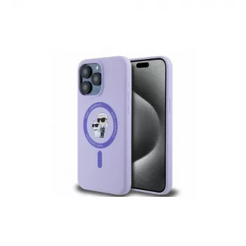 Karl Lagerfeld iPhone 15 Pro Max 6.7 inch Purple Silicone Hard Case with Karl & Choupette Heads Ring MagSafe