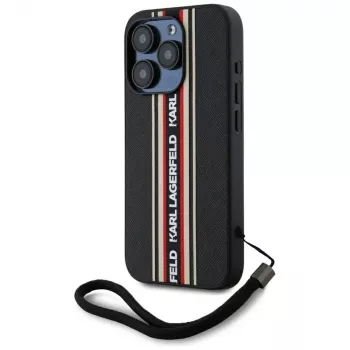KARL LAGERFELD Saffiano Athleisure Stripes Cord Case for iPhone 15 Pro Max, Black/Red