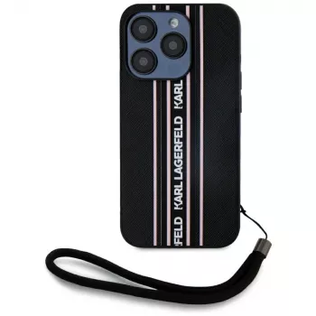 KARL LAGERFELD Saffiano Athleisure Stripes Cord Case for iPhone 15 Pro, Black/Pink