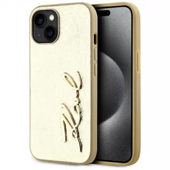 KARL LAGERFELD Wrinkled Metal Signature Phone Case for iPhone 15, Gold