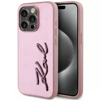 Karl Lagerfeld Wrinkled Metal Signature Case for iPhone 15 Pro, Pink