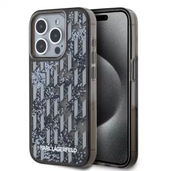 KARL LAGERFELD Liquid Glitter Monogram Gradient Back Cover for Apple iPhone 15 Pro, Black