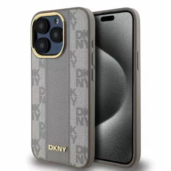 DKNY DKHMP15XPCPVSLE iPhone 15 Pro Max 6.7 inch Hard Case Leather Checkered Mono Pattern MagSafe Beige