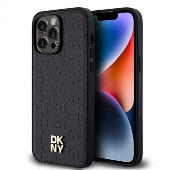 DKNY DKHMP13XPSHRPSK iPhone 13 Pro Max 6.7 Black Hard Case Leather Pattern Metal Logo MagSafe
