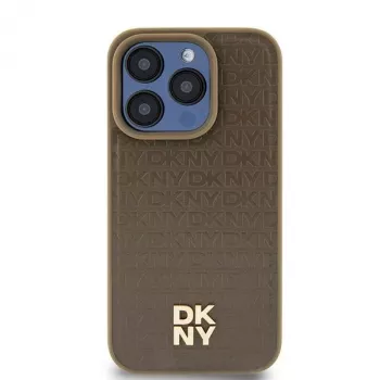 DKNY DKHMP14SPSHRPSW Hard Case for iPhone 14/15/13, Brown Leather Design with Metal Logo, MagSafe