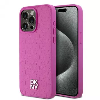 DKNY DKHMP15XPSHRPSP iPhone 15 Pro Max 6.7 inch Pink Hard Case Leather Monogram Pattern Metal Logo MagSafe