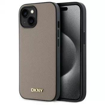DKNY DKHMP15SPGHLME Hard Case for Apple iPhone 15 6.1 inch Beige Grained Metal Logo MagSafe