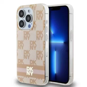DKNY DKHMP15LHCPTSP Hard Case for iPhone 15 Pro 6.1 inch Pink Checkered Mono Pattern & Printed Stripes MagSafe