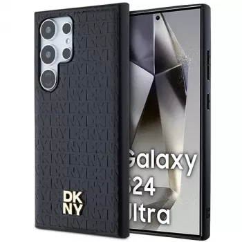 DKNY DKHMS24LPSHRPSK Hard Case for Samsung Galaxy S24 Ultra, Black Leather Design with Metal Logo, MagSafe Compatible