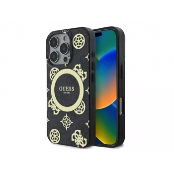 Guess GUHMP16LH4PYEEK Hard Case for Apple iPhone 16 Pro 6.3 inch Black Peony On 4G Background IML MagSafe