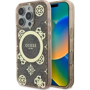 Guess GUHMP16XH4PYEEW iPhone 16 Pro Max 6.9 inch Hard Case IML Peony On 4G Background MagSafe Brown