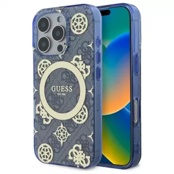 Guess GUHMP16XH4PYEEB iPhone 16 Pro Max 6.9 inch Blue Hard Case IML Peony On 4G Background MagSafe