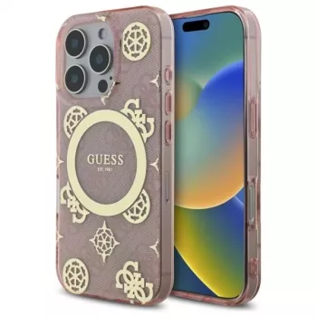 Guess GUHMP16LH4PYEEP iPhone 16 Pro 6.3 inch Pink Hard Case IML Peony On 4G Background MagSafe
