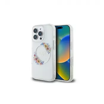 Guess GUHMP16LHFWFCT Hardcase for iPhone 16 Pro 6.3 inch Transparent IML Flowers Wreath MagSafe