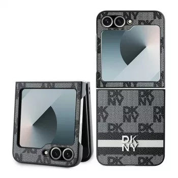 DKNY DKHCZF6PCPTSSK Protective Hard Case for Samsung Galaxy Z Flip6 F741 / Z Flip7 FE, Black Check Pattern with Printed Stripes